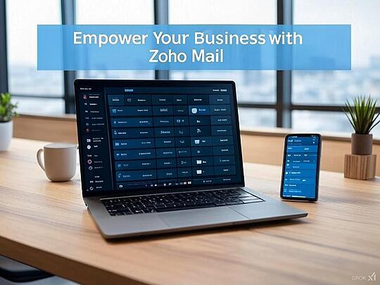 A smartphone next to a laptop, both displaying the Zoho Mail interface, with the phone showing a new email notification, emphasising mobile accessibility